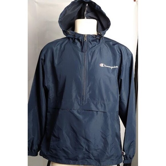 Champion Navy Pullover Windbreaker Hoodie Men Size S Logo Half Zip Front Pocket - Picture 1 of 9